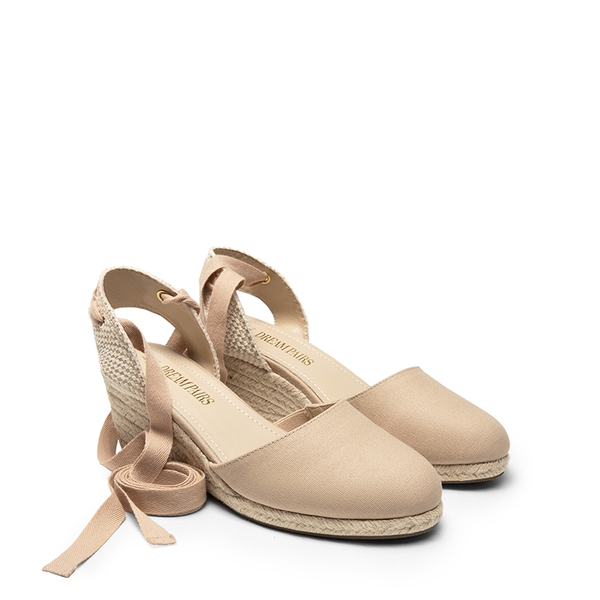 Lace Up Espadrilles Wedge Sandals - NUDE-CANVAS - 5