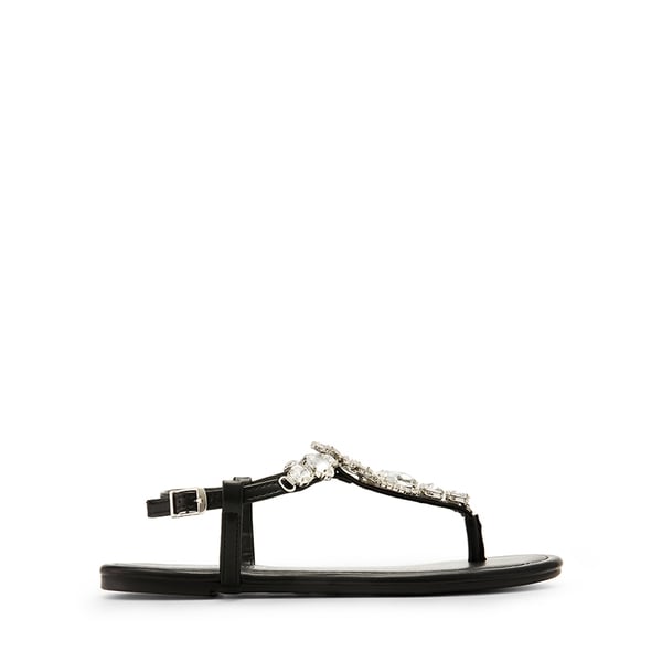 Rhinestone T-Strap Flat Sandals - BLACK - 1