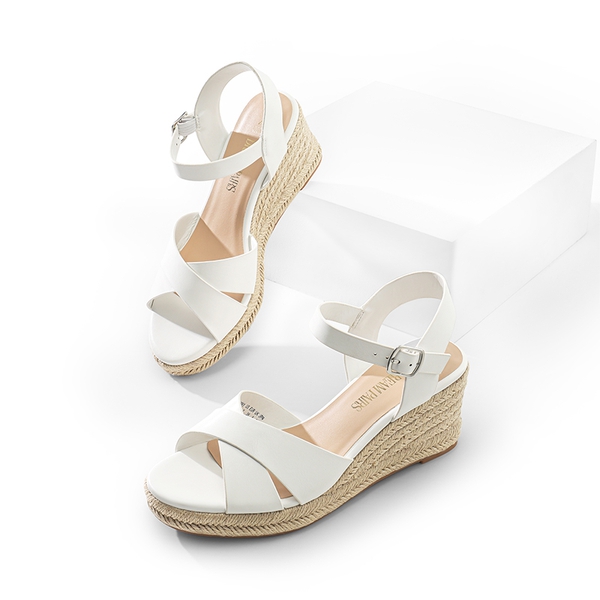 Espadrille Criss Cross Wedge Sandals - WHITE-PU - 6