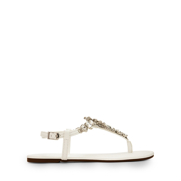 Rhinestone T-Strap Flat Sandals - WHITE - 1