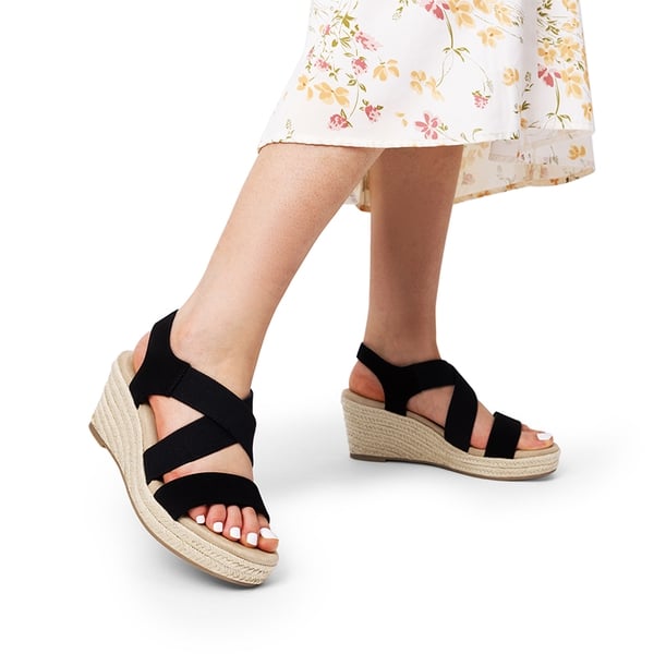 Elastic Ankle Strap Espadrille Wedge Sandals - BLACK-NUBUCK - 1