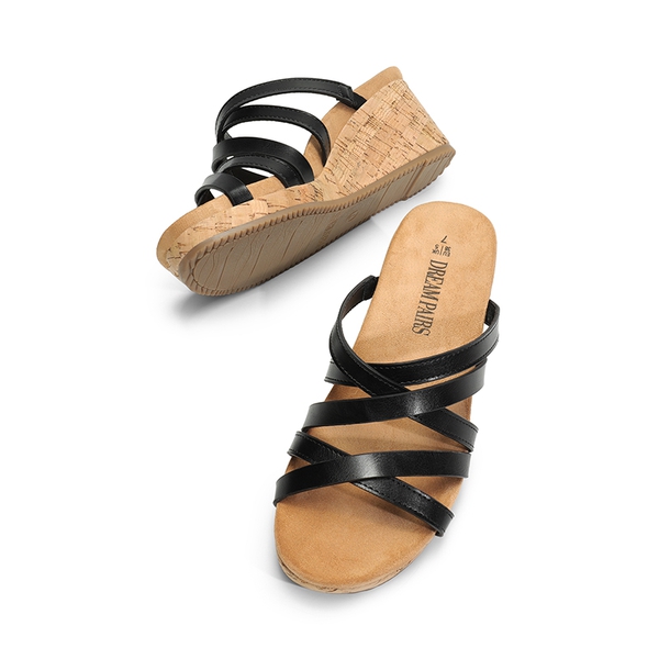 Velvety Layer Strappy Wedge Sandals - BLACK - 5
