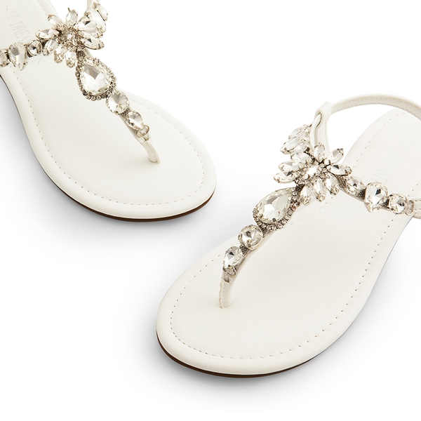 Rhinestone T-Strap Flat Sandals - WHITE - 4