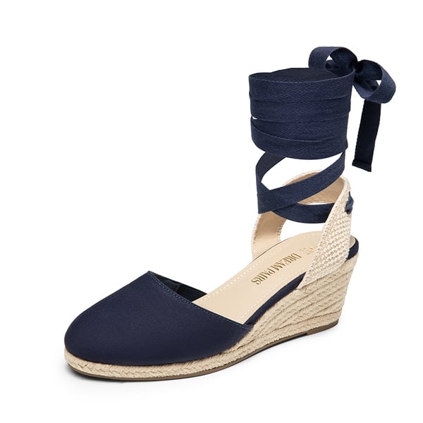 Lace Up Espadrilles Wedge Sandals - NAVY-CANVAS -  0