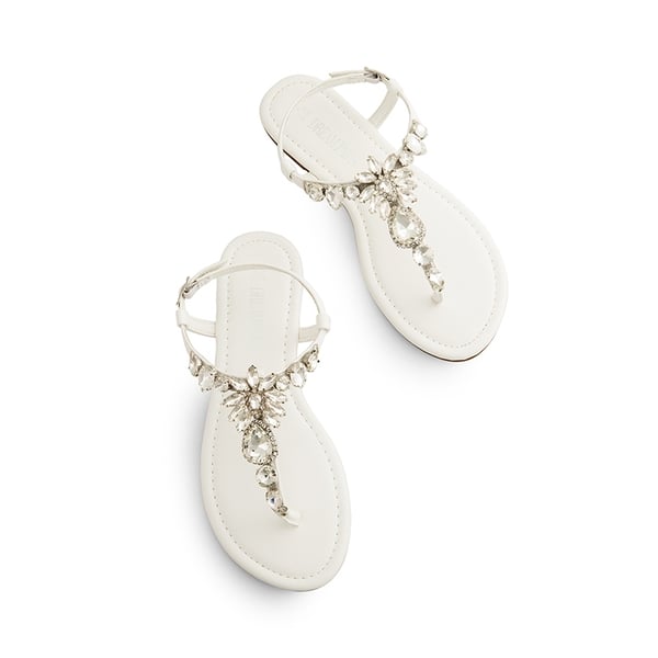 Rhinestone T-Strap Flat Sandals - WHITE - 3