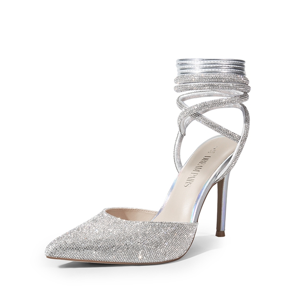 Lace-Up High Stilleto Pumps - SILVER-RHINESTONE -  0