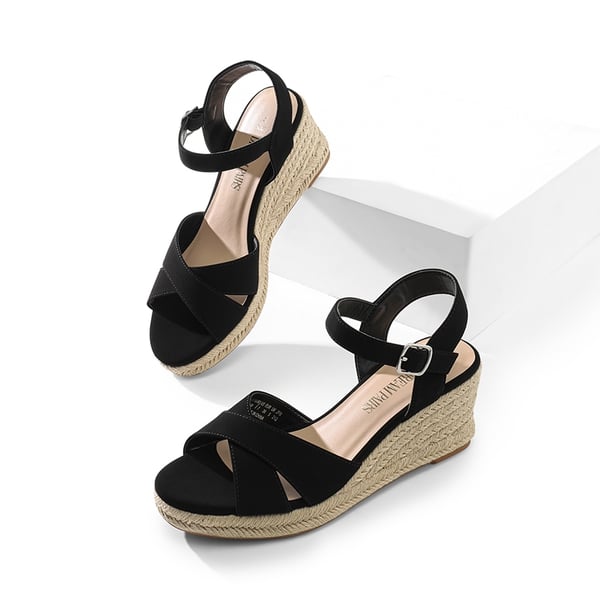 Espadrille Criss Cross Wedge Sandals - BLACK-NUBUCK - 6