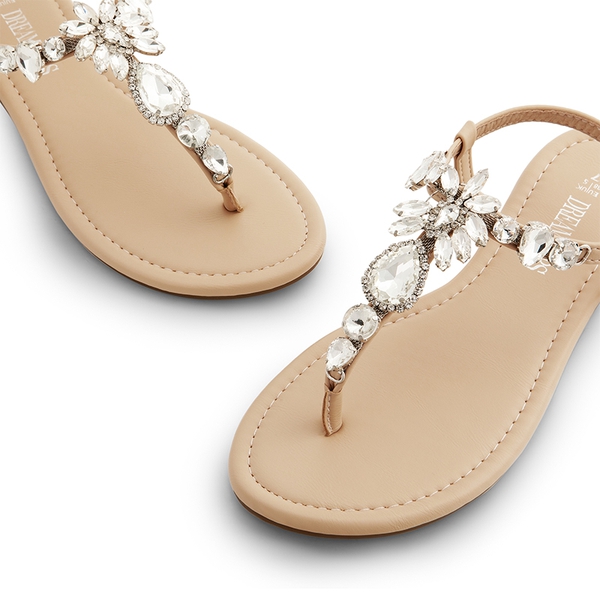 Rhinestone T-Strap Flat Sandals - NUDE - 4