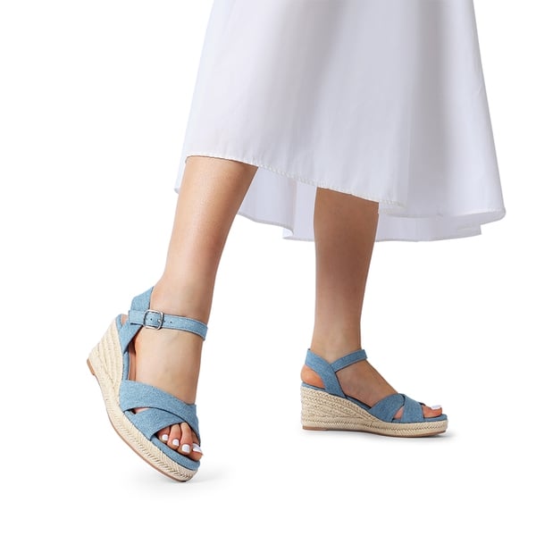 Espadrille Criss Cross Wedge Sandals - DENIM BLUE-CANVAS - 1