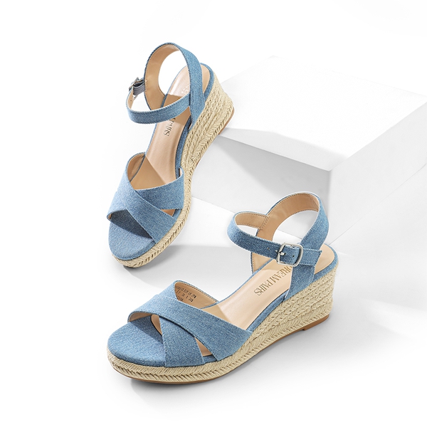 Espadrille Criss Cross Wedge Sandals - DENIM BLUE-CANVAS - 6