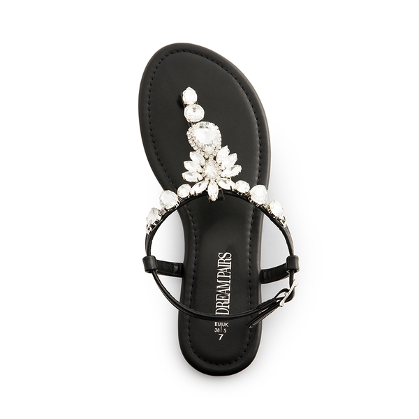 Rhinestone T-Strap Flat Sandals - BLACK - 2