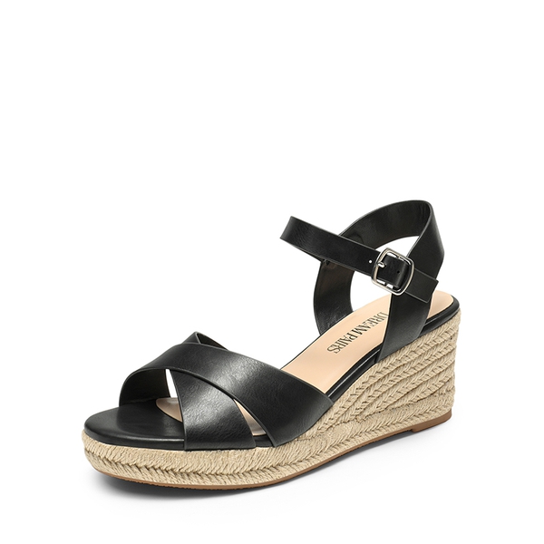 Espadrille Criss Cross Wedge Sandals - BLACK-PU -  0