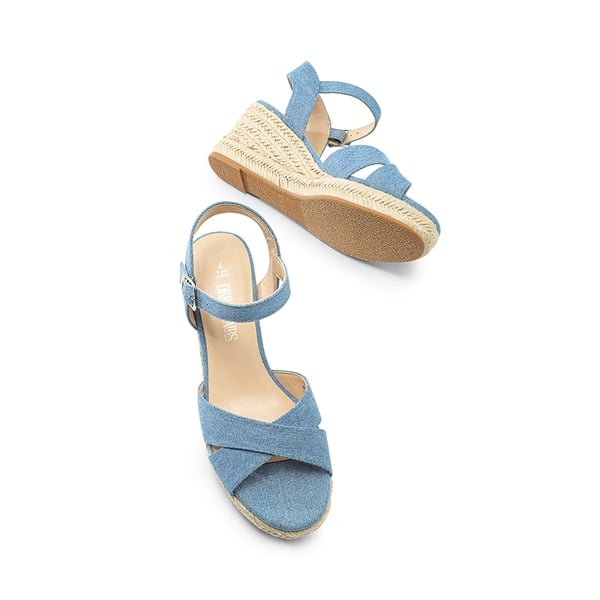 Espadrille Criss Cross Wedge Sandals - DENIM BLUE-CANVAS - 5
