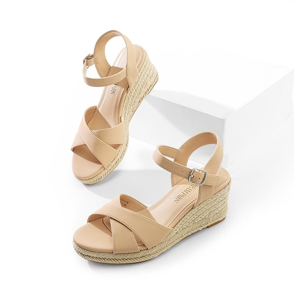Espadrille Criss Cross Wedge Sandals - NUDE-NUBUCK - 6