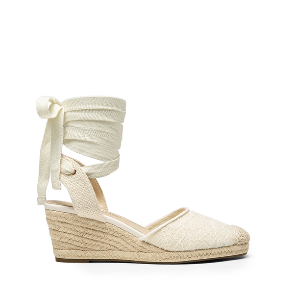 Lace Up Espadrilles Wedge Sandals - WHITE-LACE - 4
