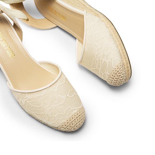 Lace Up Espadrilles Wedge Sandals - WHITE-LACE - 6