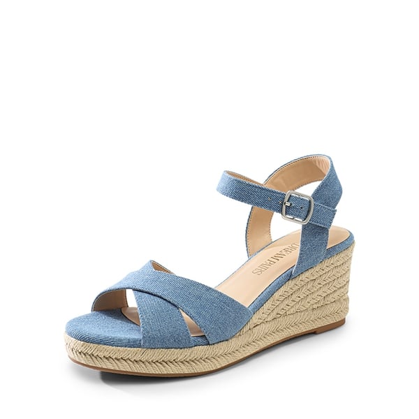 Espadrille Criss Cross Wedge Sandals - DENIM BLUE-CANVAS -  0