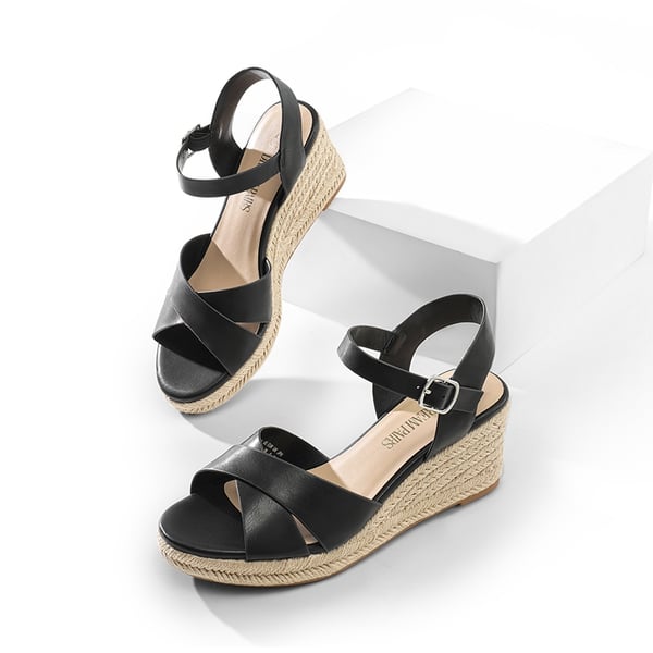 Espadrille Criss Cross Wedge Sandals - BLACK-PU - 6