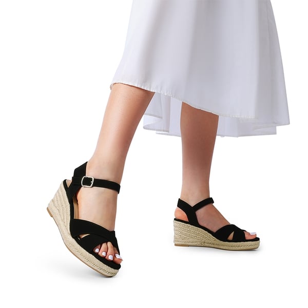 Espadrille Criss Cross Wedge Sandals - BLACK-NUBUCK - 1