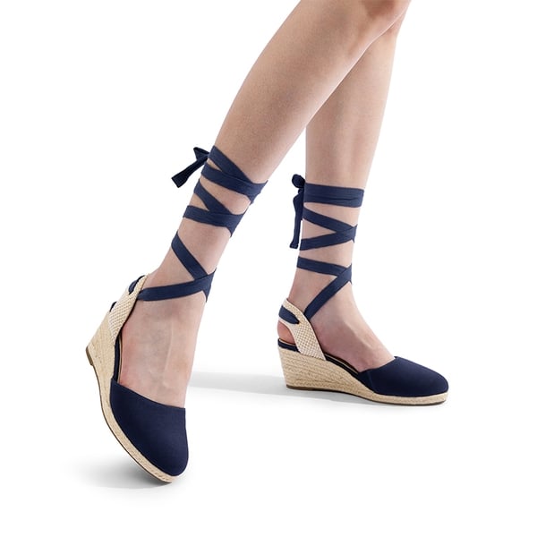 Lace Up Espadrilles Wedge Sandals - NAVY-CANVAS - 1