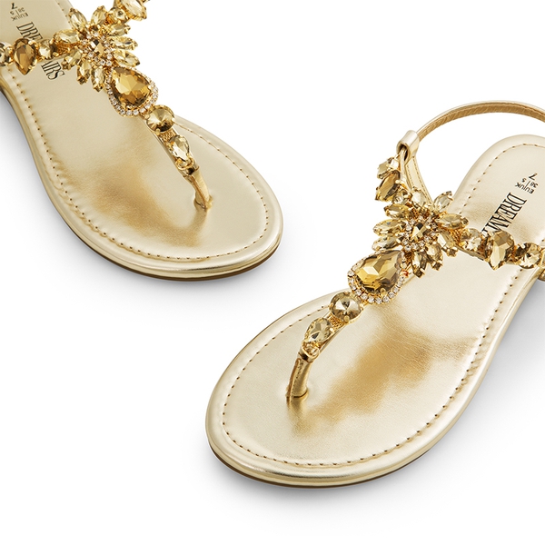 Rhinestone T-Strap Flat Sandals - GOLD - 4