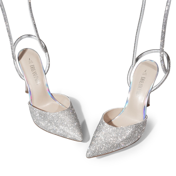 Lace-Up High Stilleto Pumps - SILVER-RHINESTONE - 2