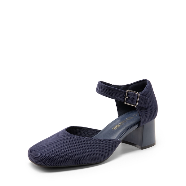 Square Toe Knitted Block Heel Pumps - NAVY -  0