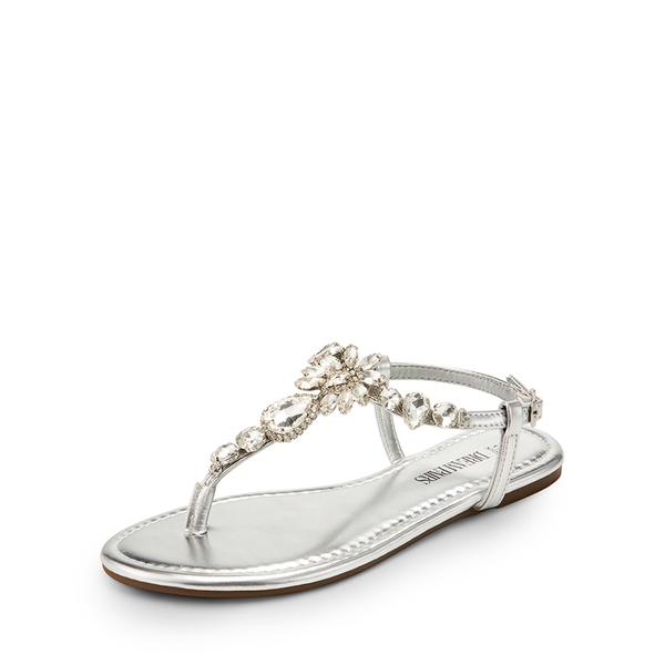 Rhinestone T-Strap Flat Sandals - SILVER -  0