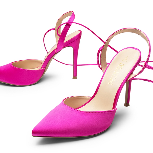 Lace-Up High Stilleto Pumps - HOT PINK-SATIN - 3