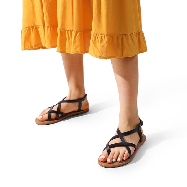 Strappy Thong Flat Sandals - BLACK - 6