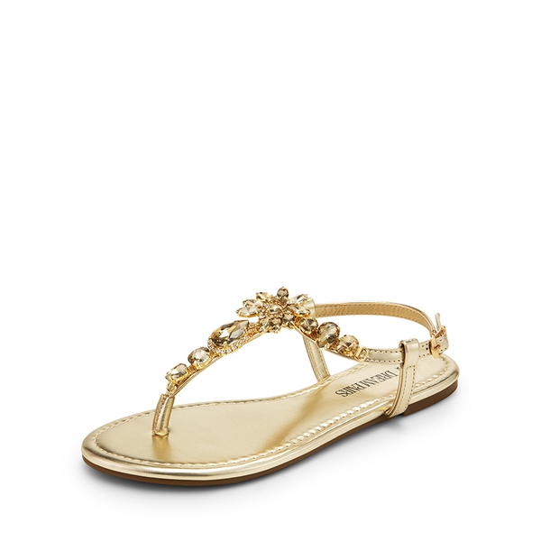 Rhinestone T-Strap Flat Sandals - GOLD -  0