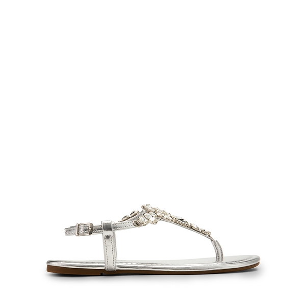 Rhinestone T-Strap Flat Sandals - SILVER - 1