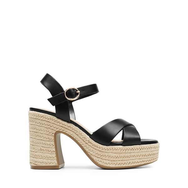Espadrille Platform Chunky Heel Sandals - BLACK-PU - 1