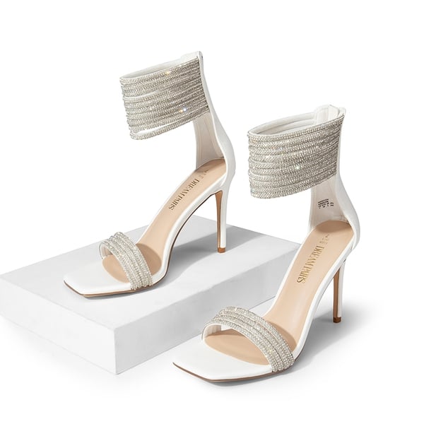 Sparkling Rhinestone Straps Heeled Sandals - WHITE - 3