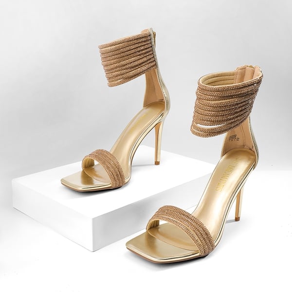 Sparkling Rhinestone Straps Heeled Sandals - GOLD - 6