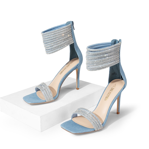 Sparkling Rhinestone Straps Heeled Sandals - DENIM BLUE - 3