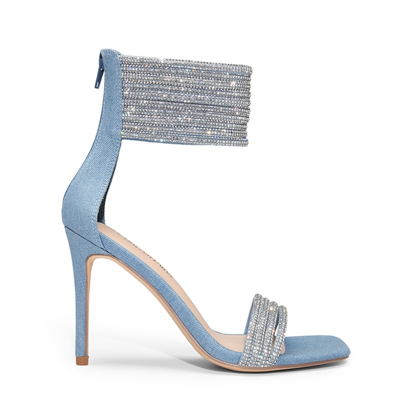 Sparkling Rhinestone Straps Heeled Sandals - DENIM BLUE - 1