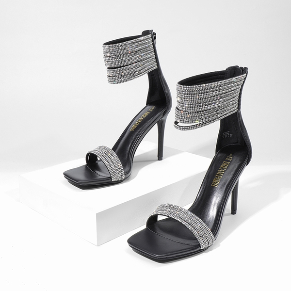 Sparkling Rhinestone Straps Heeled Sandals - BLACK - 6