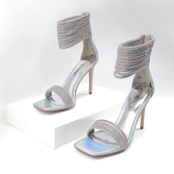 Sparkling Rhinestone Straps Heeled Sandals - SILVER - 6