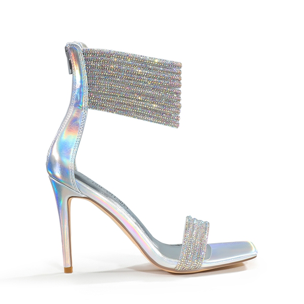 Sparkling Rhinestone Straps Heeled Sandals - SILVER - 4