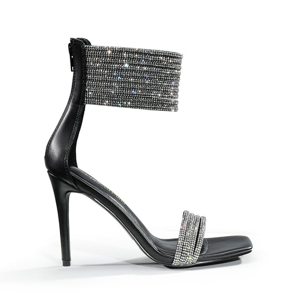 Sparkling Rhinestone Straps Heeled Sandals - BLACK - 4