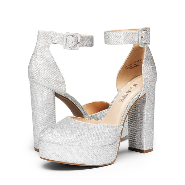 Platform Ankle Strap High Heel Pumps - SILVER GLITTER - 3