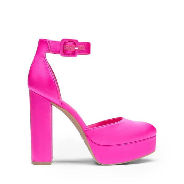 Platform Ankle Strap High Heel Pumps - HOT PINK SATIN - 1