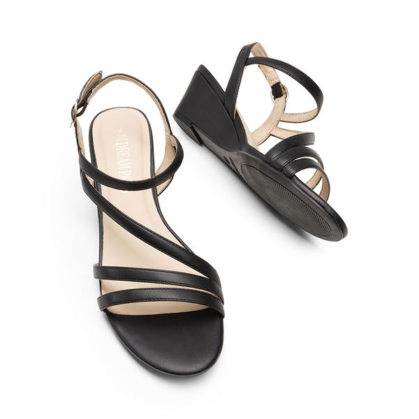 Strappy Wrapped Wedge Sandals - BLACK-PU - 4