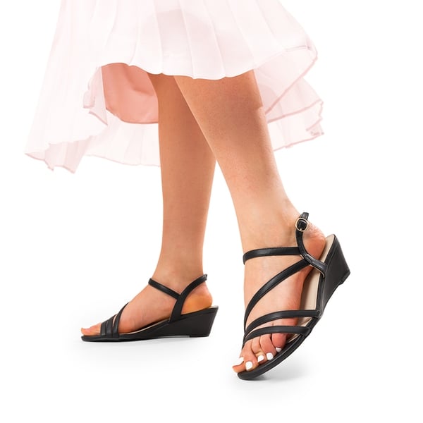 Strappy Wrapped Wedge Sandals - BLACK-PU - 6
