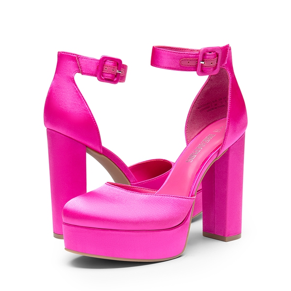 Platform Ankle Strap High Heel Pumps - HOT PINK SATIN - 3