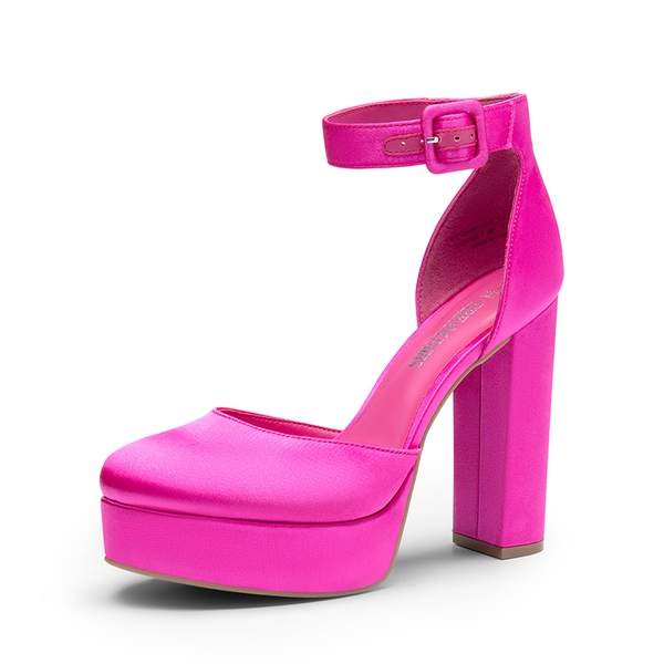 Platform Ankle Strap High Heel Pumps - HOT PINK SATIN -  0