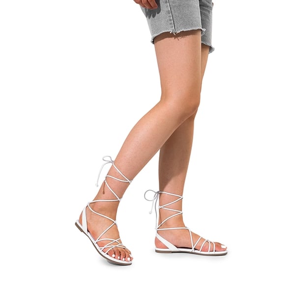 Strappy Lace Up Flat Sandals - WHITE - 5