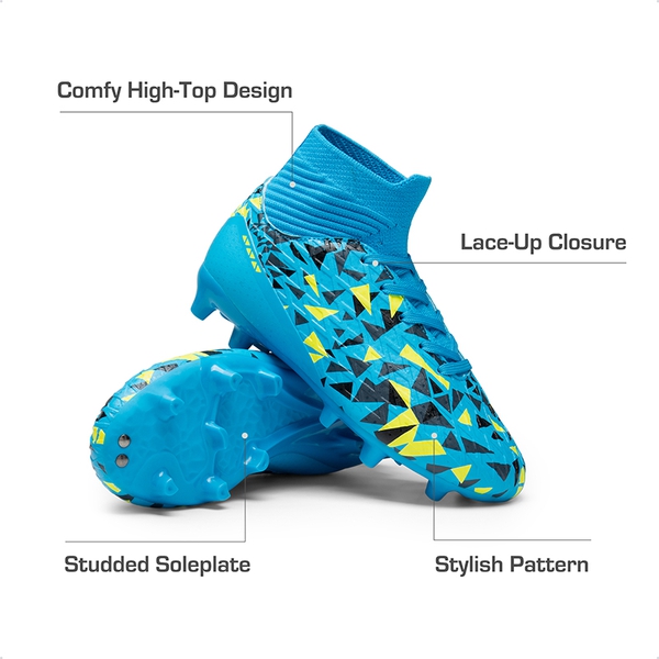 Men's High-Top Soccer Cleats - Knitted Upper Football Shoes With FG Studs (Blue, Black, Green, White)