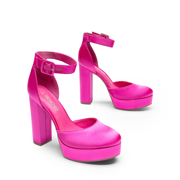 Platform Ankle Strap High Heel Pumps - HOT PINK SATIN - 4